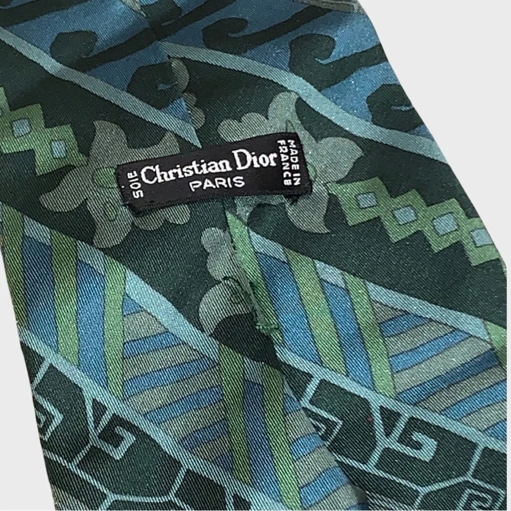 Christian Dior Vintage 1990s Monsieur Tie Geometric & Floral Print Green &Blue